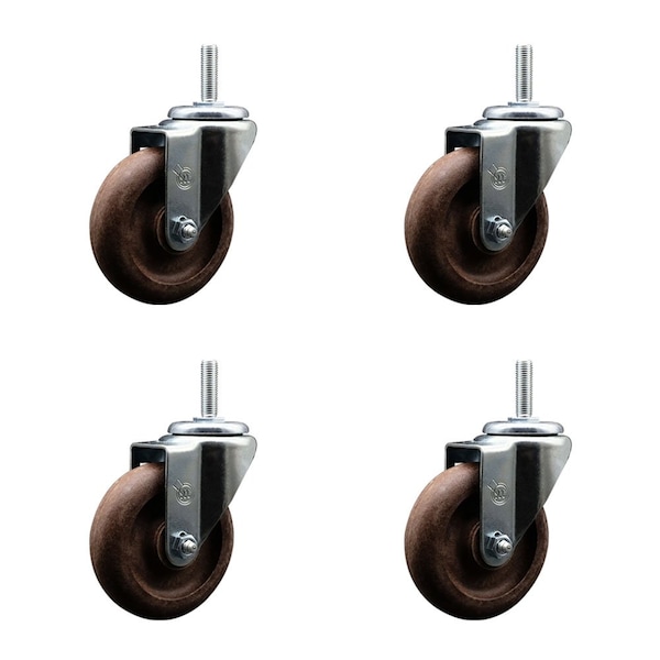 4 Inch High Temp Glass Filled Nylon Wheel Swivel 58 Inch Threaded Stem Caster Set